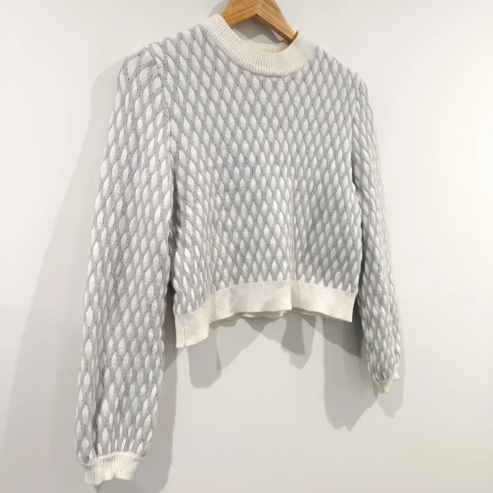 ANTHROPOLOGIE Pepin Diamond Knit Crop Pullover Sweater Gray Ivory XS EUC - Picture 2 of 5